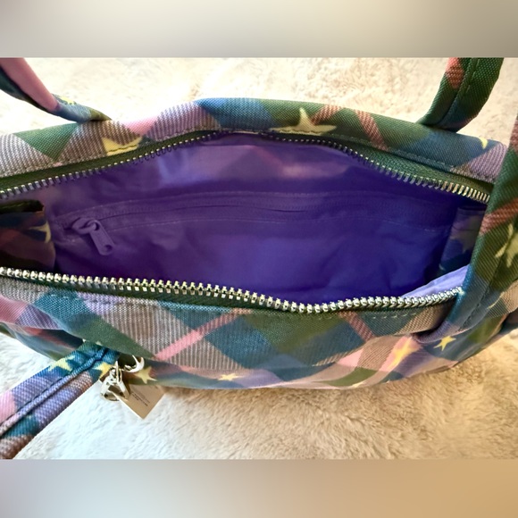 NWT BAGGU Nylon Bowler Bag Green Star Plaid - Picture 7 of 11